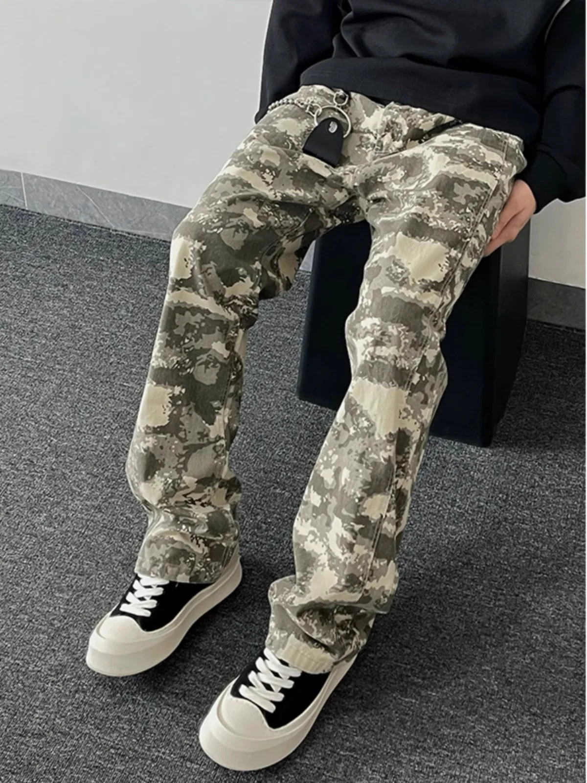 

American Sle Retro Camouflage Jeans Men's Spring Slim Straight Leg Bell Bot High Street Vibe Workwear Trousers