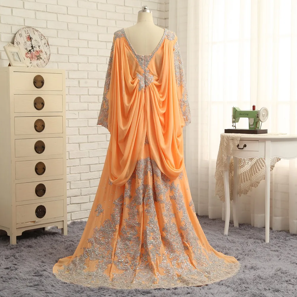 Yellow Prom Dresses A-line Long Sleeves Floor Length Chiffon Appliuqes Long Prom Gown Evening Robe De Soiree Haute Couture