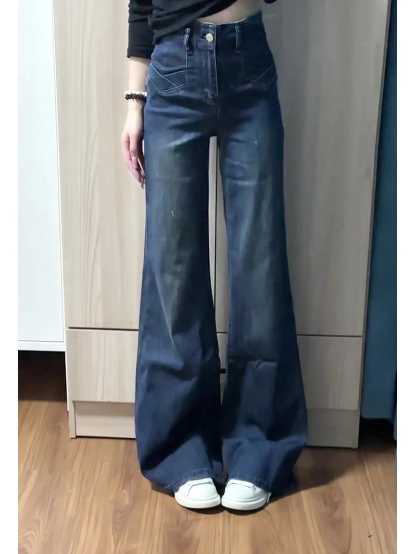 

Ретро-джинсы американского стиля синие, с эффектом потертости, женские, летние, новые, облегающие, широкие брюки, с высокой талией, джинсовые, повседневные, весенний сезон, для женщин