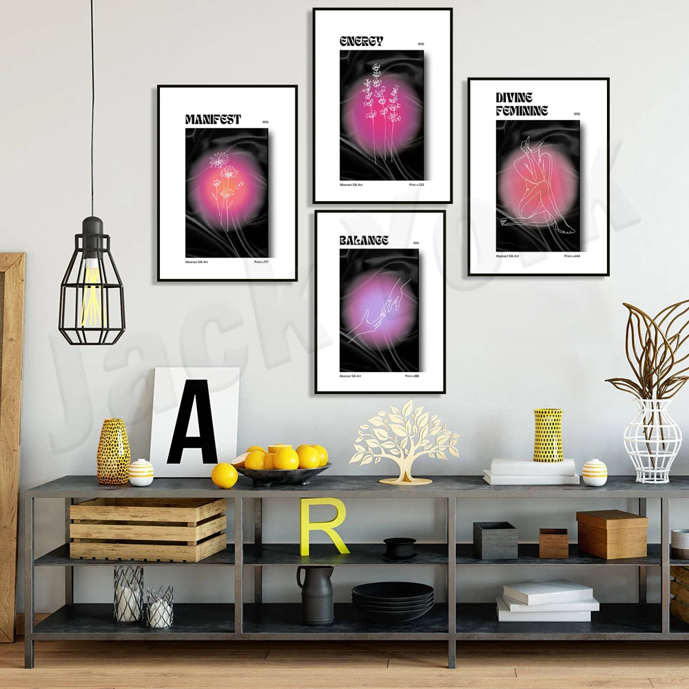 Positive Aura poster, trendy divine feminine expressive energy poster, line art printable minimal floral print botanical print