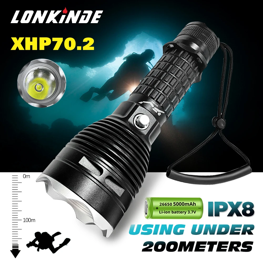 

XHP70.2 Professional Diving Flashlight IPX8 Underwater Lamp High Power 35W LED Flashlights Powerful Scuba Diving Torch Lantern