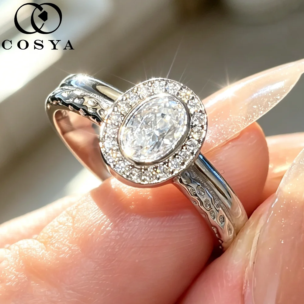 

COSYA 4*6mm Oval Cut Full Moissanite Halo Ring for Women100% S925 Silver Bezel Diamond Wedding Band Engagement Fine Jewelry Gift