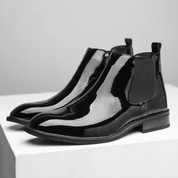 Chelsea Boots for Men Patent Leather Black Buckle Ankle Round Toe Business Classic Handmade Men Short Boots Botas De Hombre