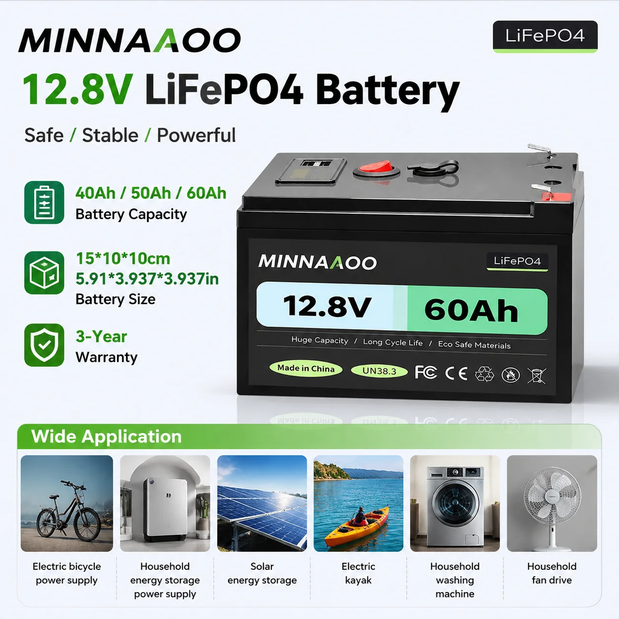 12.8V 60Ah LiFePO4 Lithium Battery with 100A BMS,Low-Temp Protection,2000+ Cycles  for LED power supply, electric wheelchair