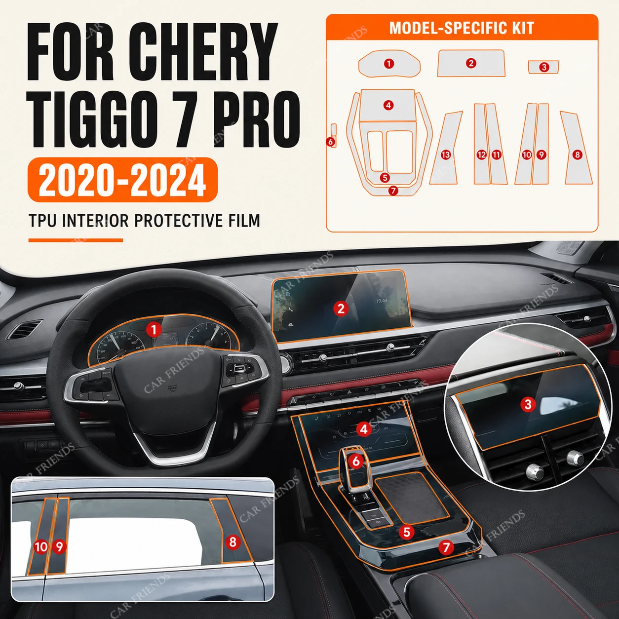 For Chery Tiggo 7 Pro 2020-2024 Transparent TPU Interior Protective Film for Navigation Screen and Gear Panel