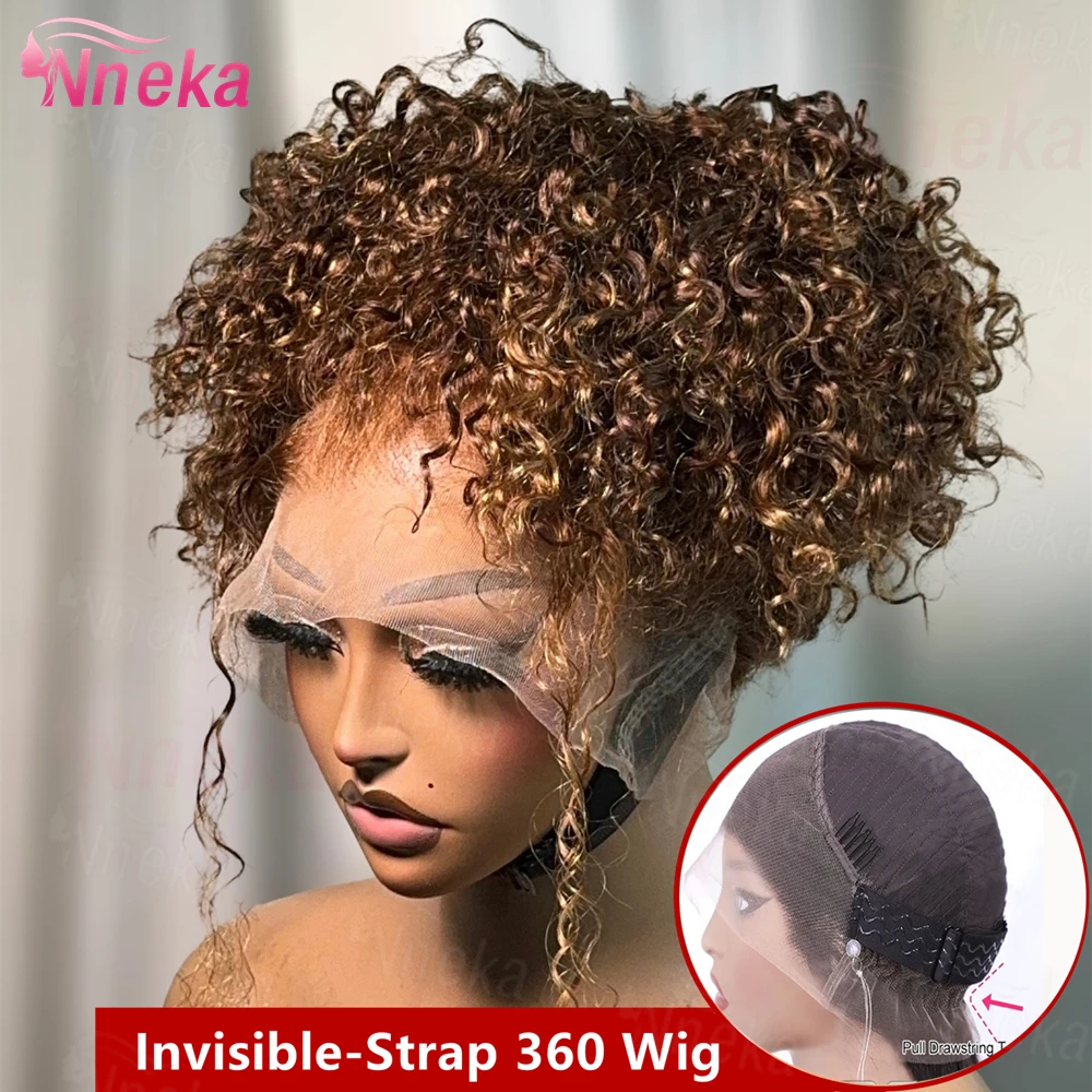 Вьющийся 360 Полный кружевной бесклеевой парик Человеческие волосы Невидимый шнурок 13x6 Hd Кружева P4/27 Выделите глубокие волны Фронтальные парики для женщин
