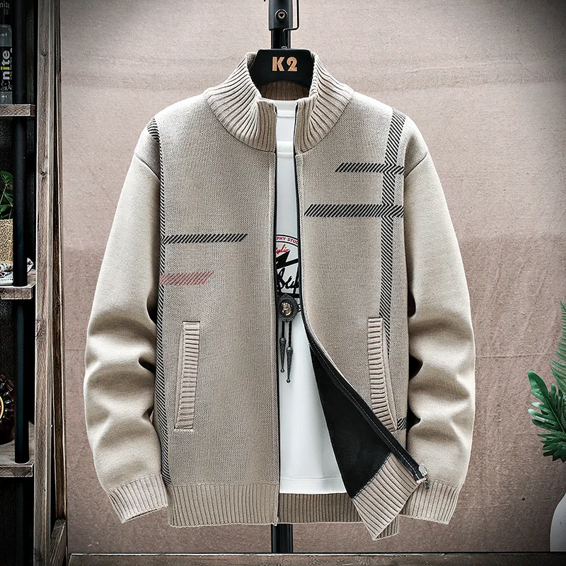 Autumn and Winter Simple Commuting Pure Color Korean Version with Thick Velvet Stand Up Collar Knitted Jacket for Men
