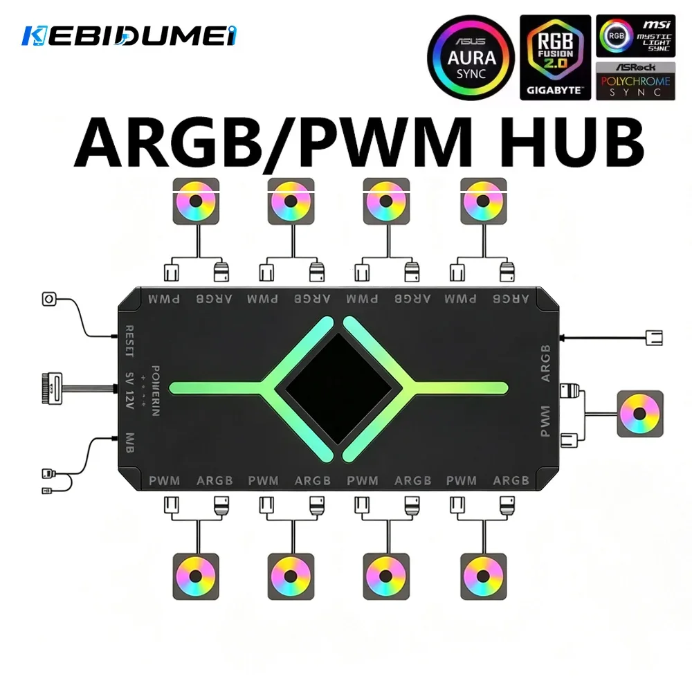 KEBIDUMEI ARGB PWM Fan HUB Adapter 3 in 1 5V 3 Pin ARGB Controller Cooling Fan Adapter 1 To 9 Ports for Computer PC Case Fan