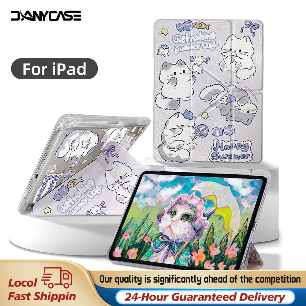 

3+Y Type Cute Cat Case with Pencil Holder For 2025 IPad 11th A16 Pro Air 13 11 M3 M2 M4 2025 12.9 " 9 8 7 6 5 4 10Th Mini 7 6