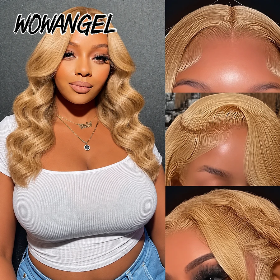 WOWANGEL 27# Honey Blonde Body Wave Human Hair Wig Glueless 13X6 HD Lace Front Wig Pre Plucked Side Part Short Bob Wig for Women