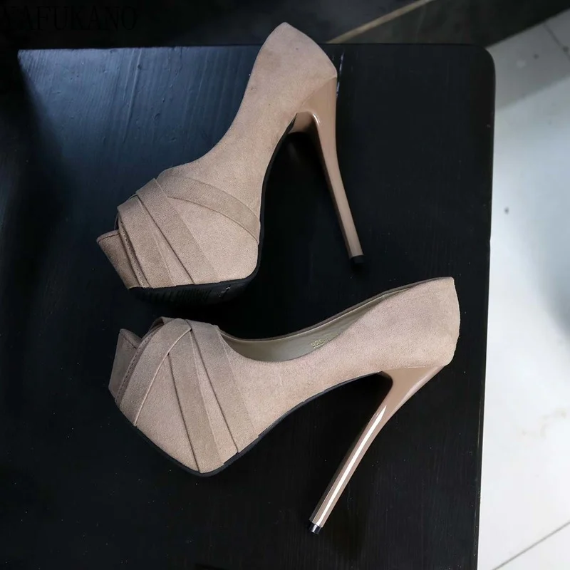 14cm Nude Color Flock Thin Heels High Heels Shoes Sexy Platform Ladies Small Fresh Pumps Career Single Shoes Small Size 32 33