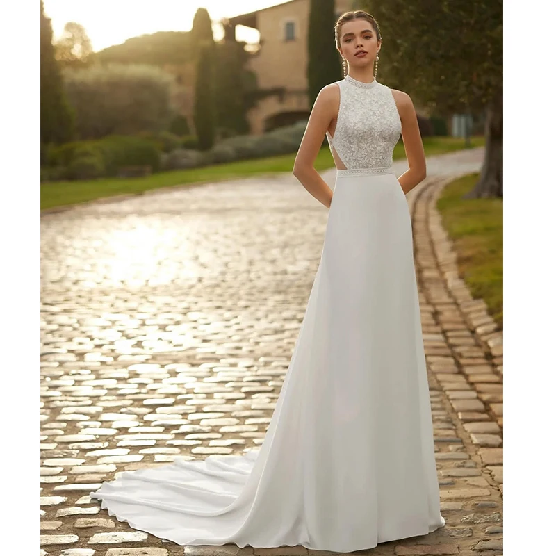 Bohemian Wedding Dress Chiffon With Lace A-Line Bride Dress Around The Neck O-Neck Sleeveless Customized Ball Gown White Dress ﻿