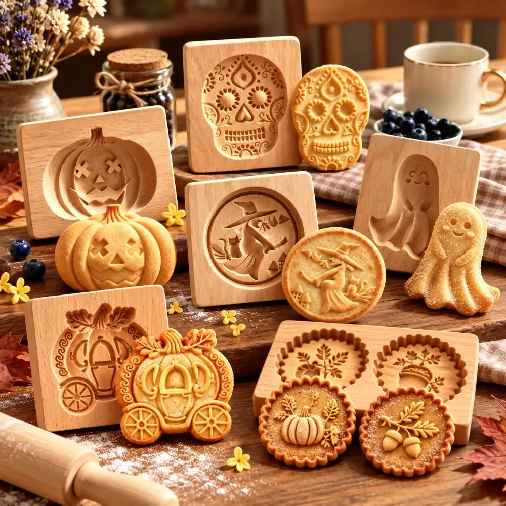 Creative 3D Carved Wooden Cookie Mold Halloween Pumpkin Ghost Baking Tools Embossing Cookie Cutter Mold Baking Molds Party