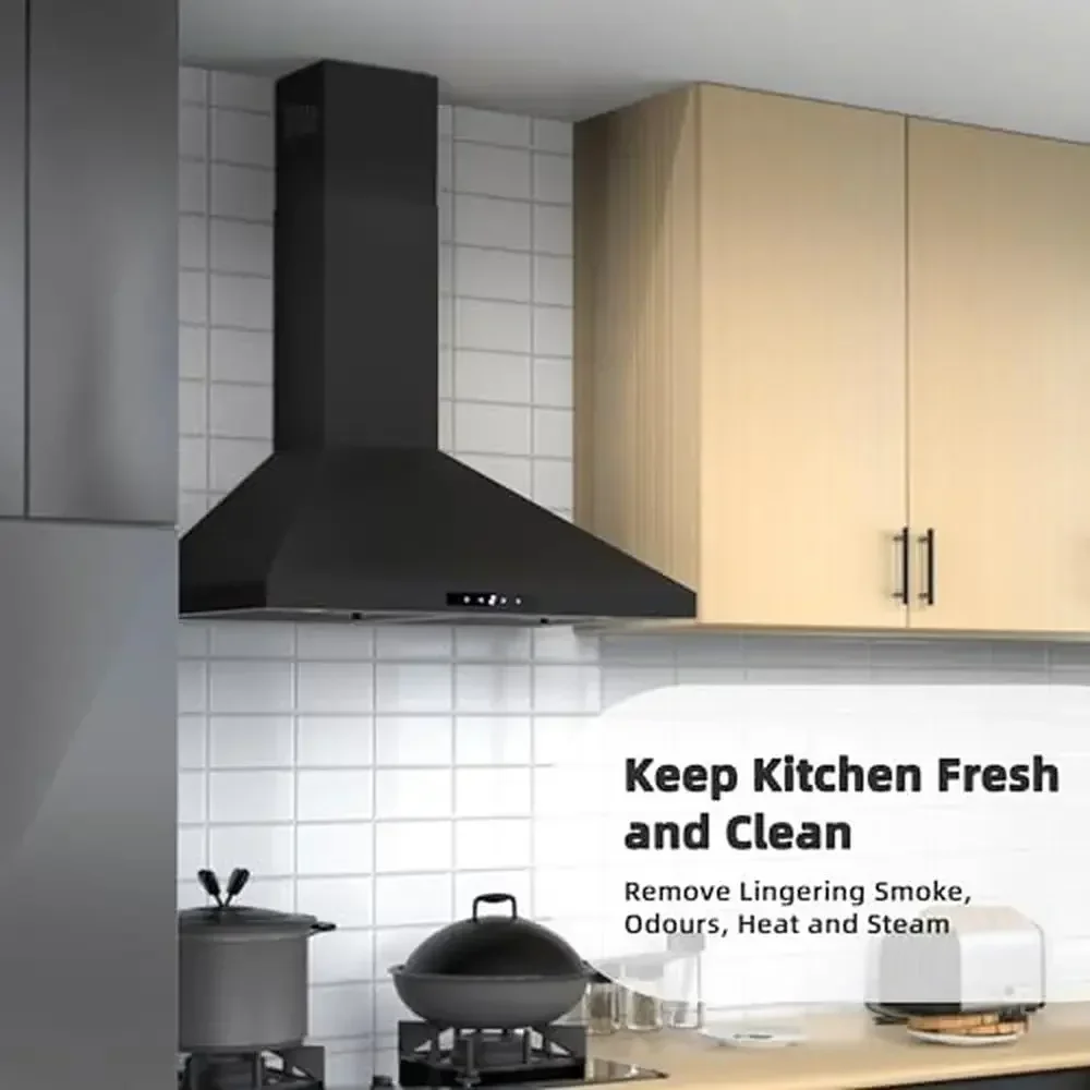 30" Black Convertible Wall Mount Range Hood Brushless Motor 450 CFM 9 Speed Fan Soft Touch Controls Ductless Option Energy