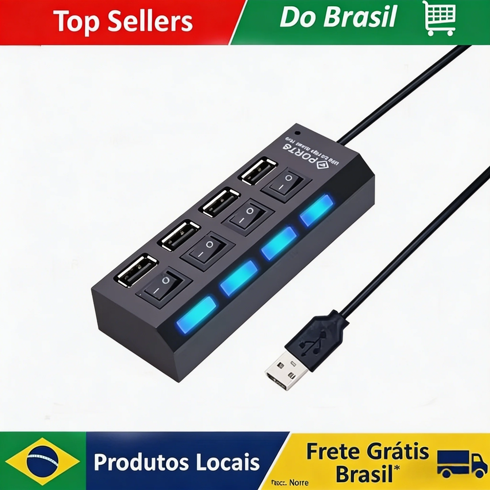 Hub USB 3.0 Brasil, Hub USB 3, Hub USB 2.0, Divisor Multi USB, Adaptador de Energia, Expansor de 4 Portas com Interruptor para PC