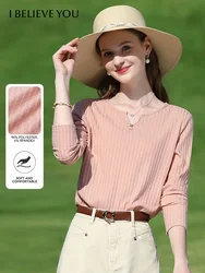 I BELIEVE YOU Knitted Long Sleeved T Shirt Women 2025 Spring New Pink V Neck Jacquard Stretch Tops Bottoming Tees 2251015949