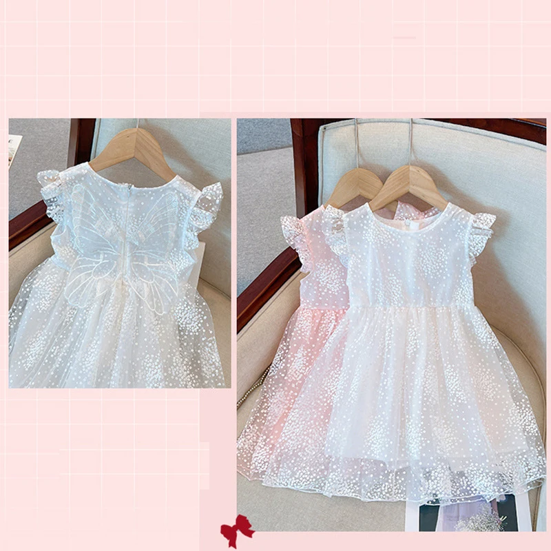 Humor Bear Girls Princess Dress Sleeveless Pure White Puffy Gauze Dress Butterfly Wings Casual Kids Clothing 2-6 Y