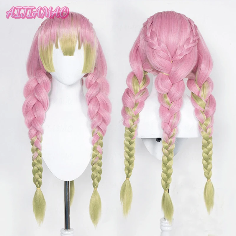 Mitsuri Oke Roji Anime Cosplay Perruque + WigCap, Cheveux Longs, Rose, Vert, Degré de Chaleur, Costume