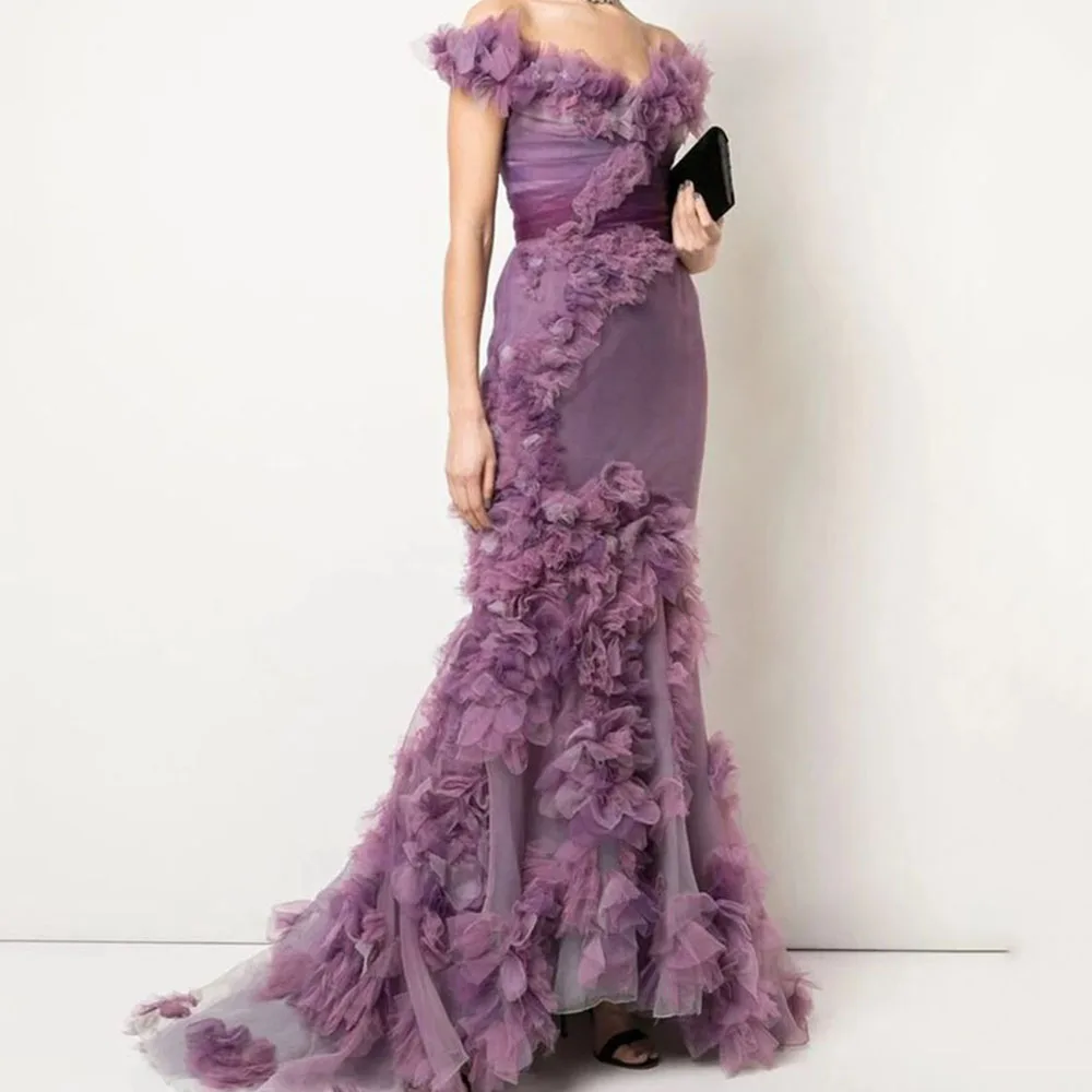 

2025 Gorgeous Purple Women Prom Dresses Floor Length Trumpet Strapless Flowers Designer High-end Evening Party Banquet Gowns