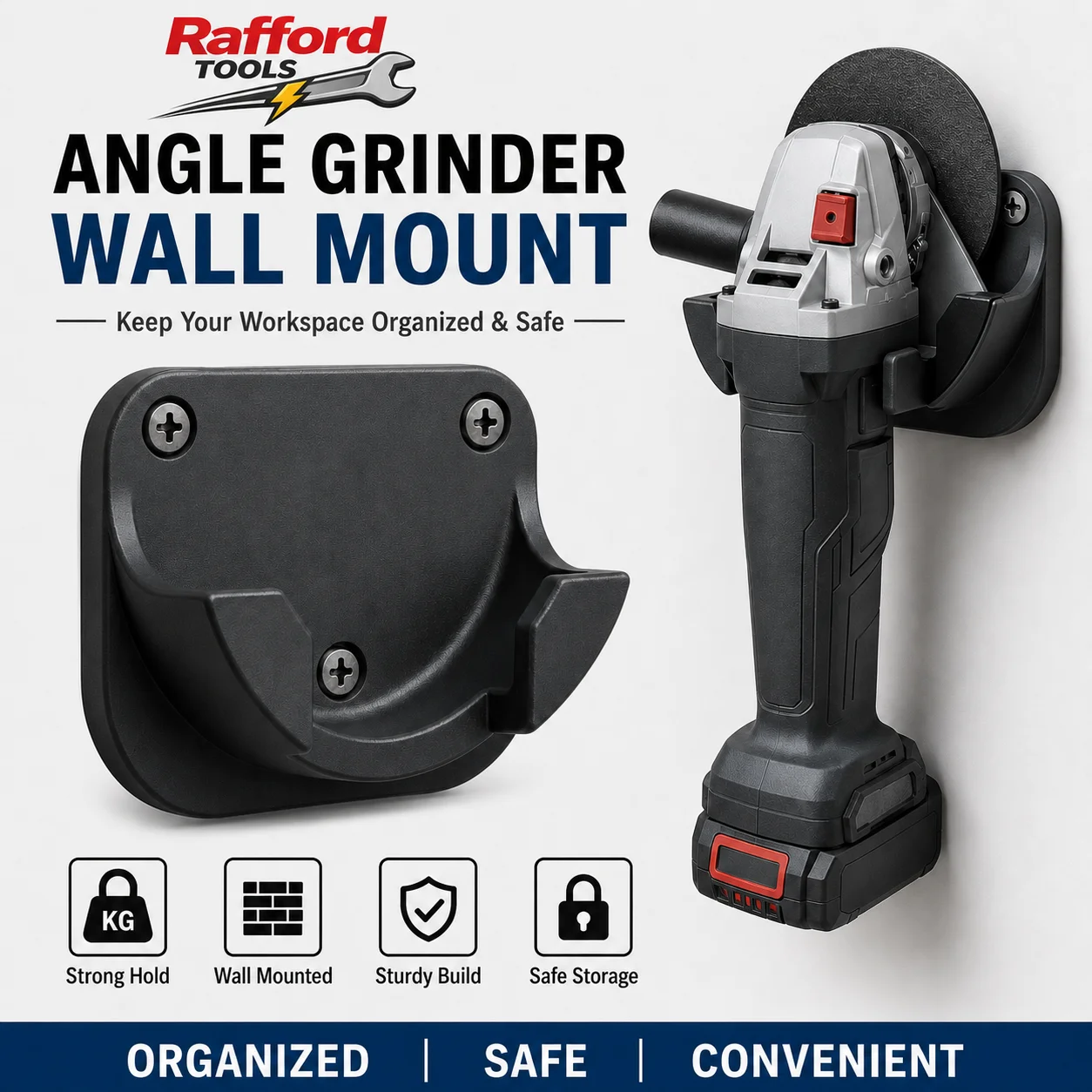 Rafford Angle Grinder Wall Mount Holder, Heavy Duty Tool Storage Bracket, Space-Saving Grinder Stand for Garage Workshop