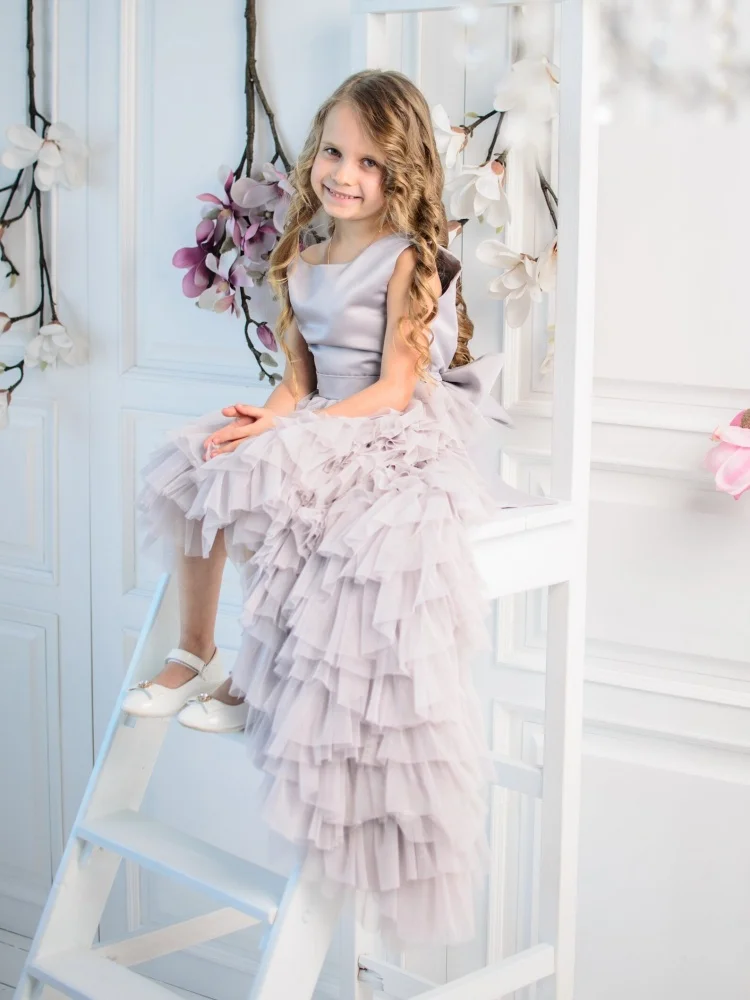 Custom Flower Girl Dress Sleeveless Solid Bodice Large Satin Back Bow Multi-Layer Cascading Ruffle Tulle Skirt Long Sweep Train