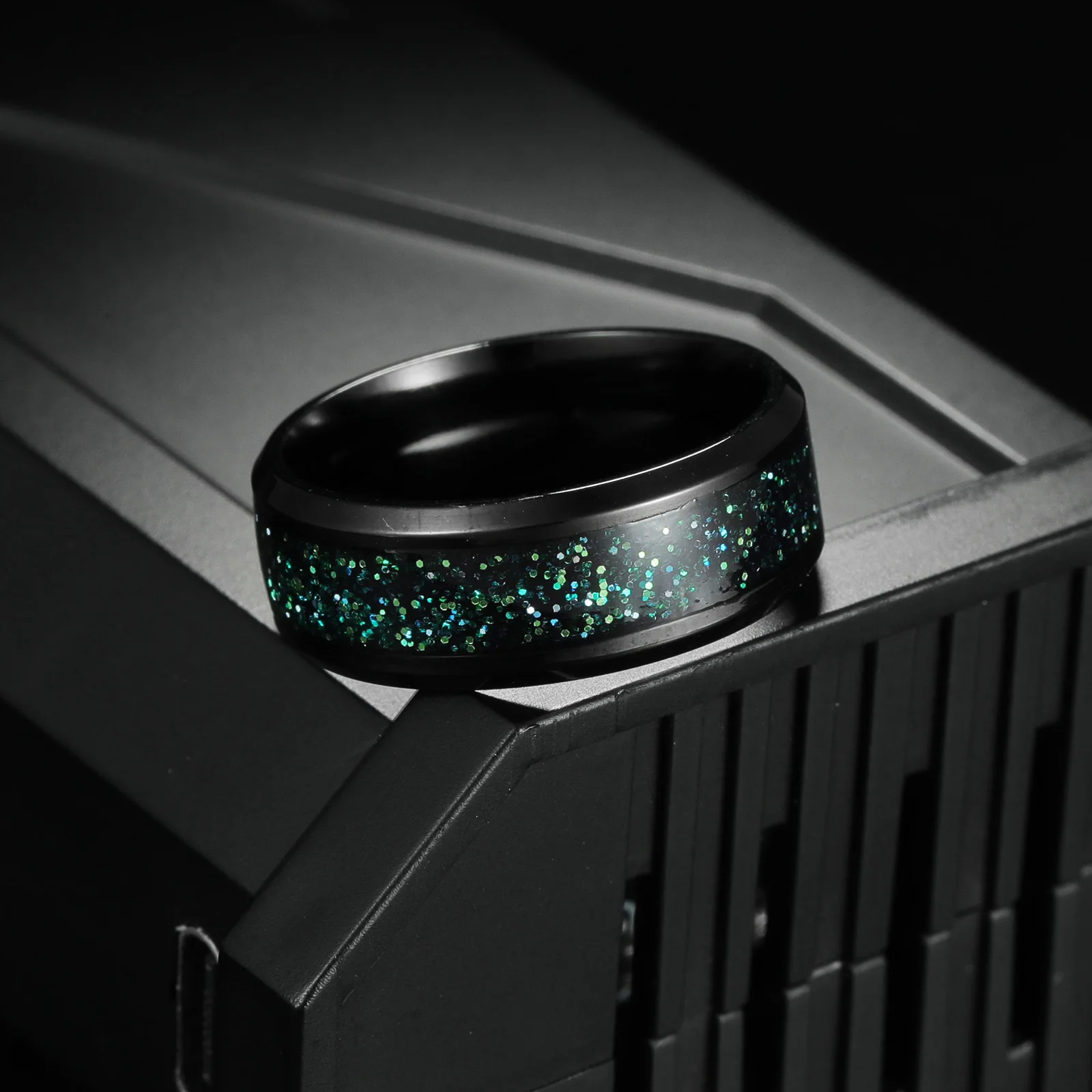 

8MM Black Stainless Steel Ring with Green Starry Sky Abalone Shell Ring Men's Women's Wedding Rings Popular Accessories