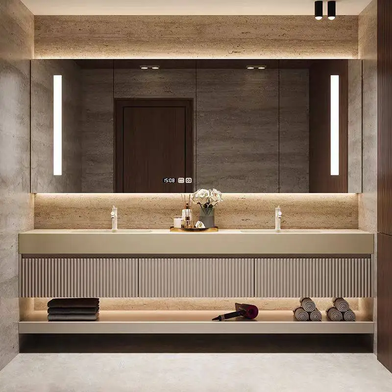 

Современный простой комбинированный шкаф для ванной комнаты с двойной раковиной из кориана, тумба под умывальник