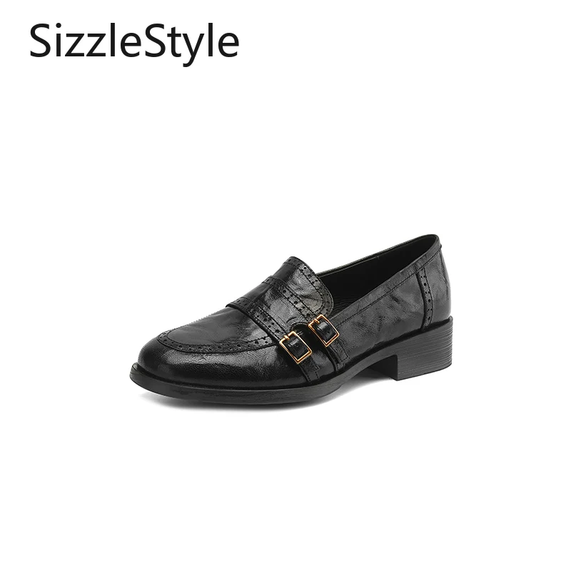 

Fashion Women Vintage Ladies Textured Leather Belt Buckle Decoration Comfortable Chunky Heel Genuine Leather Insole Loafers