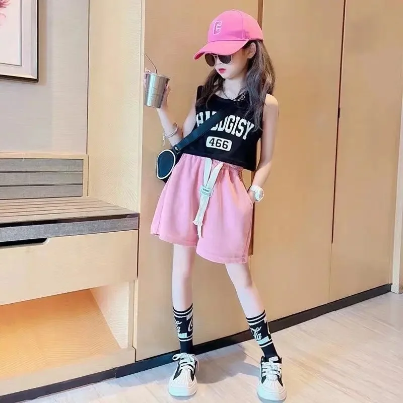 Girls Teenager Sports Suit Summer Vest + Shorts Fashionable Two-piece Outer Wear Casual Street Style Children's Sets