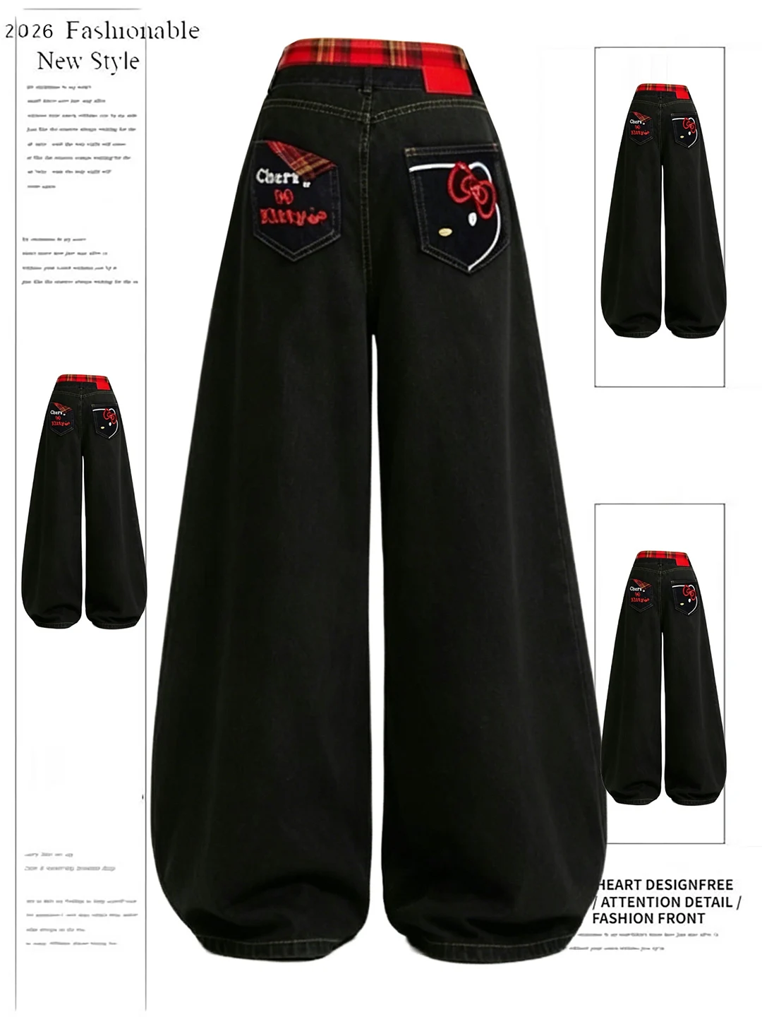 

American Style Kitty Embroidered Loose Straight Leg Jeans Women's Summer New Design Slimming Wide Leg Pants High Waist Zi...