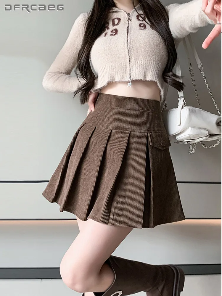 

High Waisted Vintage Women Short Pleated Skirt With Pocket Autumn Winter Causal Hot Sweet Corduroy A-Line Skirts Lady