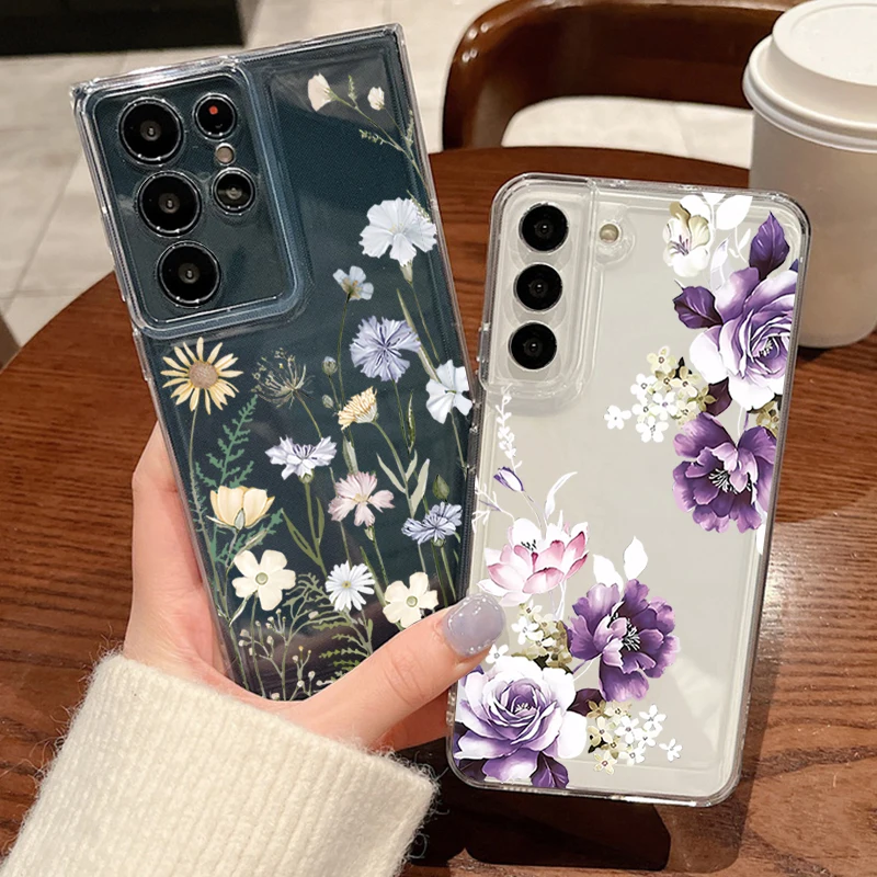 Blumenmuster Handyhülle für Samsung Galaxy S26 S25 S24 S23 Ultra S22 Plus S24 S21 FE S25Edge Transparente Stoßfeste Weiche Schutzhülle