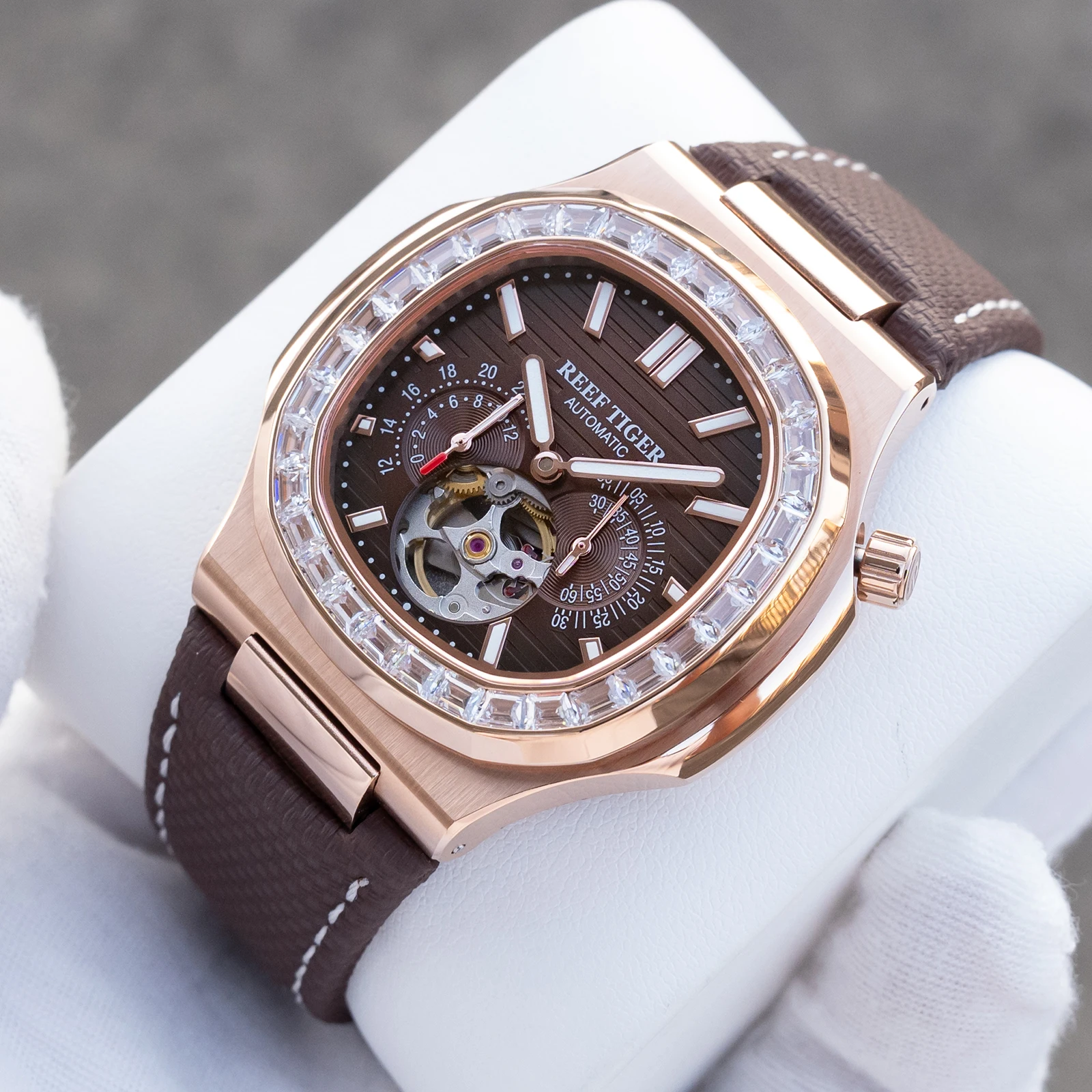 Reef Tiger Men Automatic Watch 44mm Square Mechanical Wristwatch 5ATM Waterproof Luminous Sapphire Small Second & 24 Hours Dial