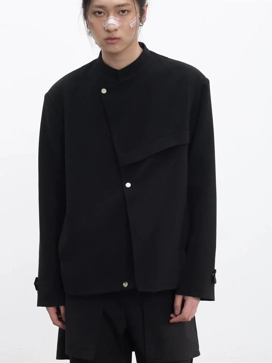 

Button up Design Jaet Pad oulder Stand Collar Anti Wrinkle Spring Autumn Chinese Sle Asymmetrical Zipper Men's Suit