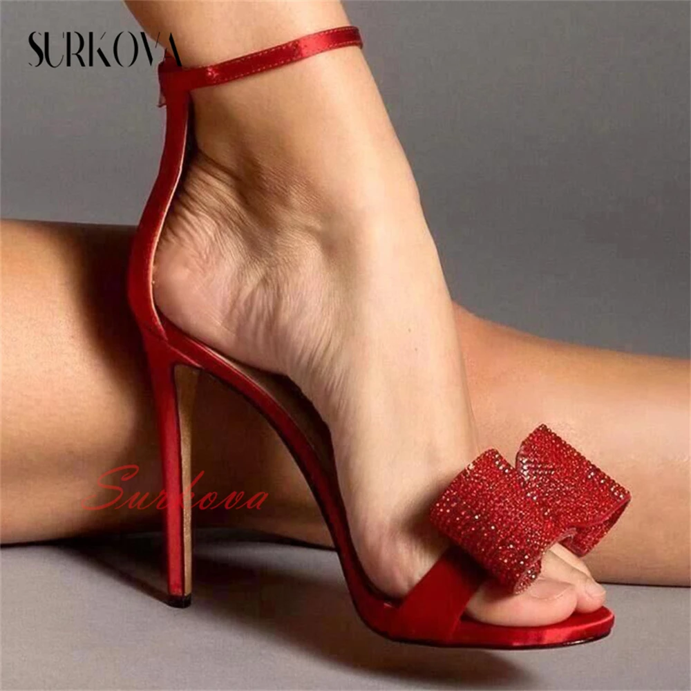 

Full Rhinestone Bow Open Toe High Heel Sandals Ankle Belt Buckle Elegant Sandals Ladies Wedding Dress Shoes Summer Women Shoes