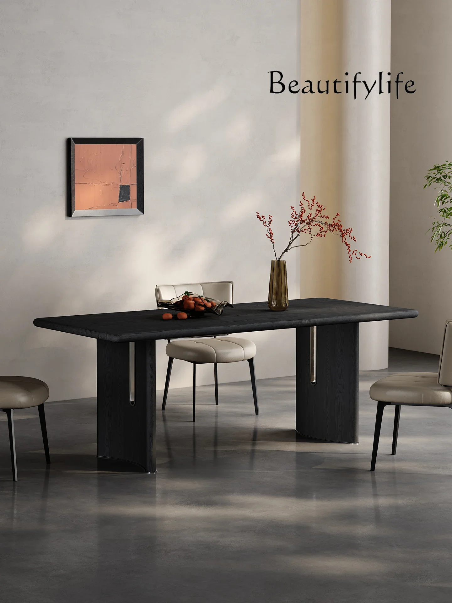 

AA Modern simple dining table living room rectangular Italian minimalist retro high-end solid wood black wood veneer dining tabl