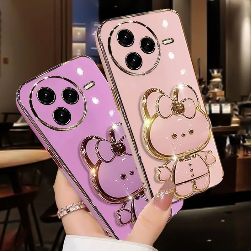 حافظة فاخرة بحافة مستقيمة لهاتف Xiaomi Poco F7 Ultra Poco F6 X7 X6 X5 M6 M5 M4 Pro 4/5G حافظة مرآة مكياج على شكل أرنب لطيف #3