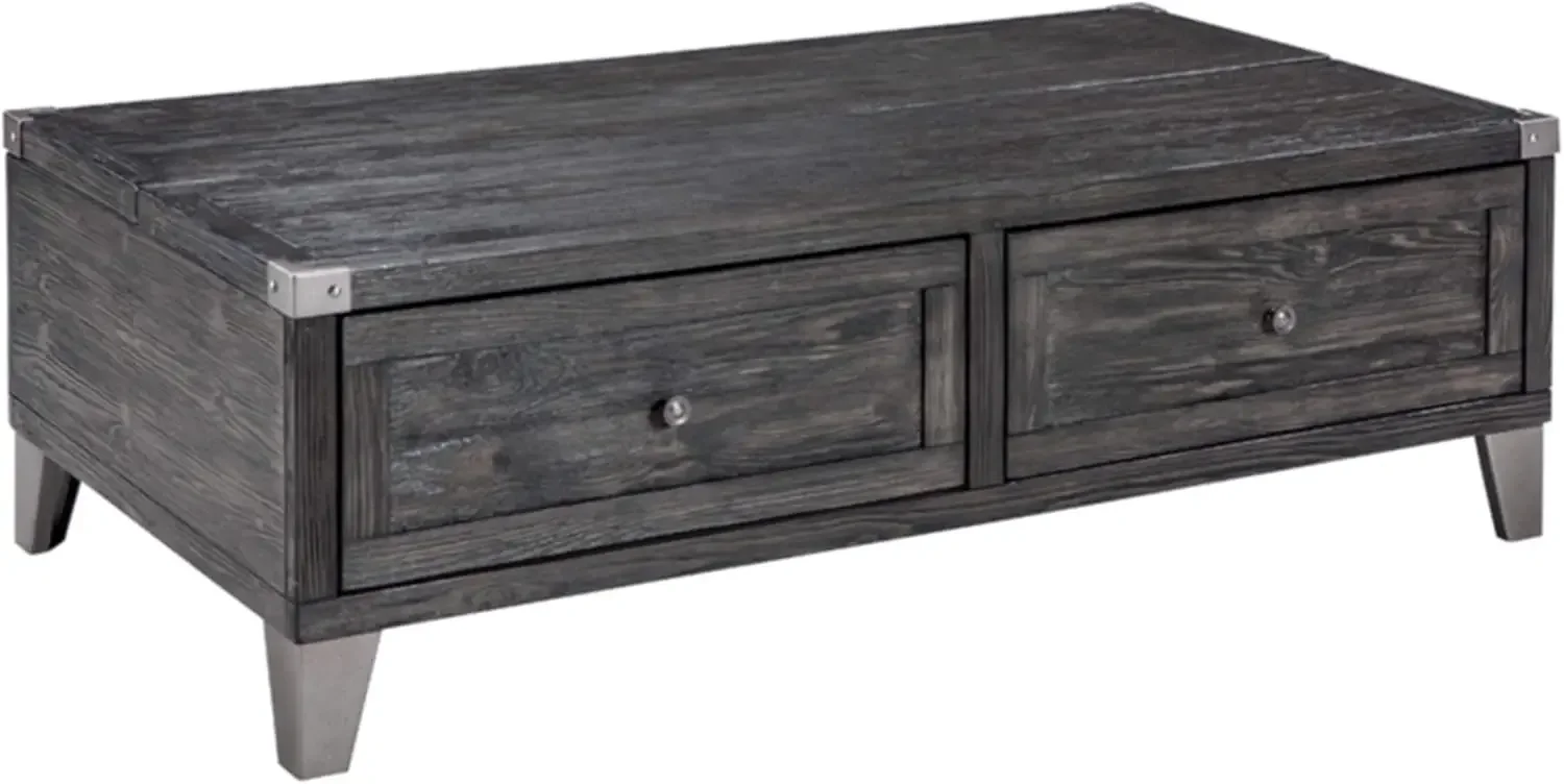 Todoe Mesa de centro industrial rectangular con tapa elevable y 2 cajones de almacenamiento, gris oscuro con acabado en pino desgastado
