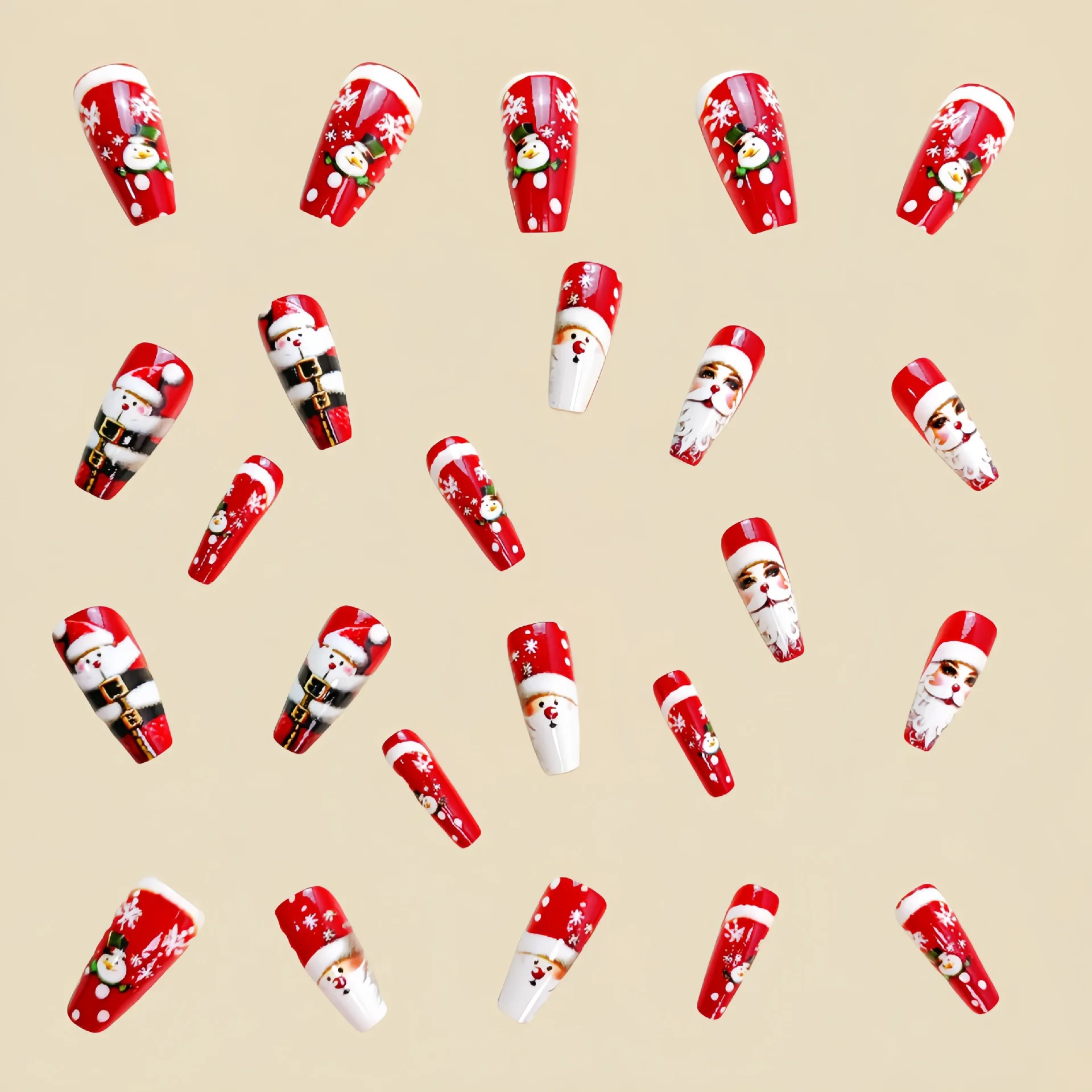 Merry Christmas Press on Nails Santa Claus Cute Snowman Elk Santa Claus Print Fake Nail Tips Wearable Long Coffin False Nails