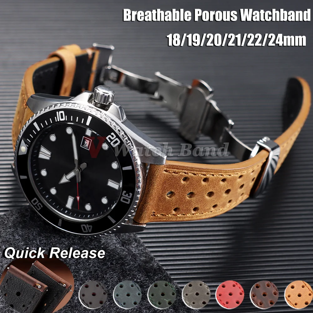 Vintage Racing Watch Strap Quick Release Brown Breathable Porous Watchbands 18mm 19mm 20mm 21mm 22mm 24mm Bands Butterfly Buckle