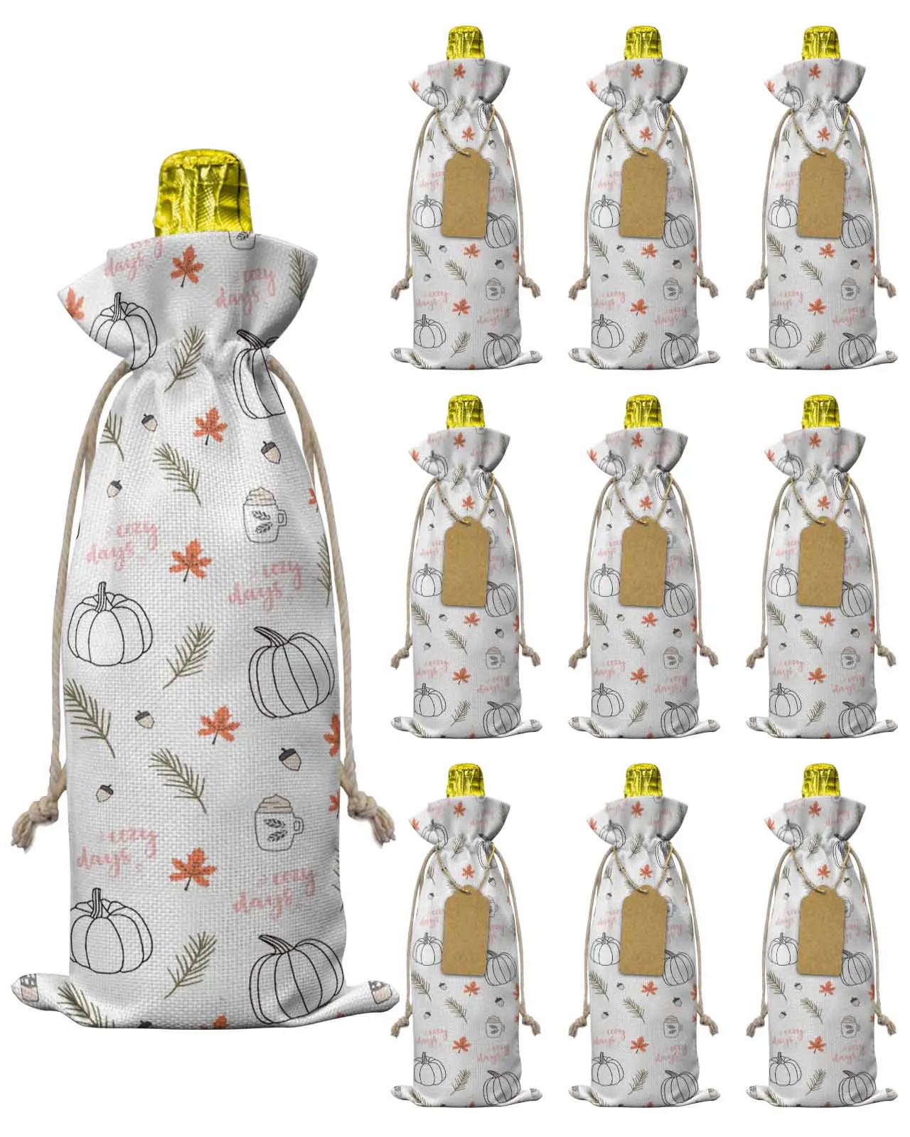 10pcs Pumpkin Maple Leaf CoffeeWine Bottle Bag with Drawstring Festive Party Decor Wine Bottle Covers Gift