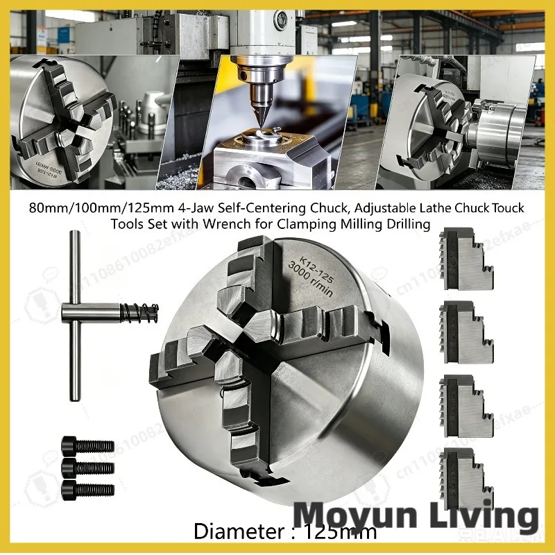 

80mm/100mm/125mm 4-Jaw Self-Centering Chuck, Adjustable Lathe Chuck Tools Set with Wrench for Clamping Milling Drilling Turning