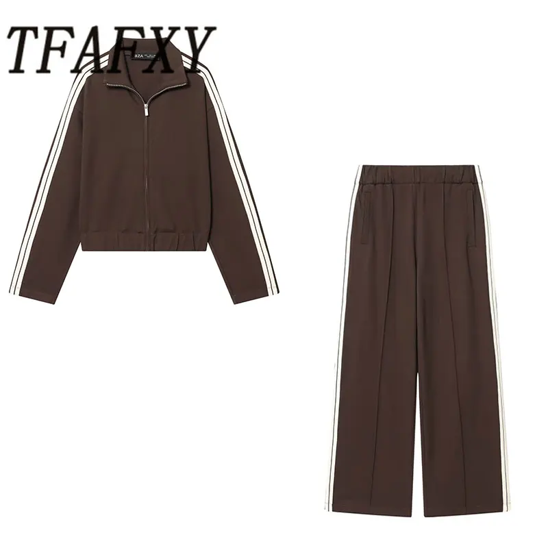 

TFAFXY 2026 Spring Casual Chic Women Suit Solid Stand Collar Zipper Top Loose Long Pants New Fashion Holiday Sportswear Sets