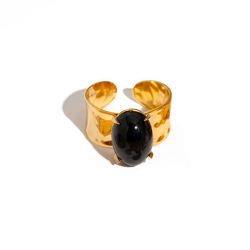 18K Gold Plated Stainless Steel Open Ring Inlaid with Natural Stones Shaped  Anti-allergic Metal Personality Jewelry for Women