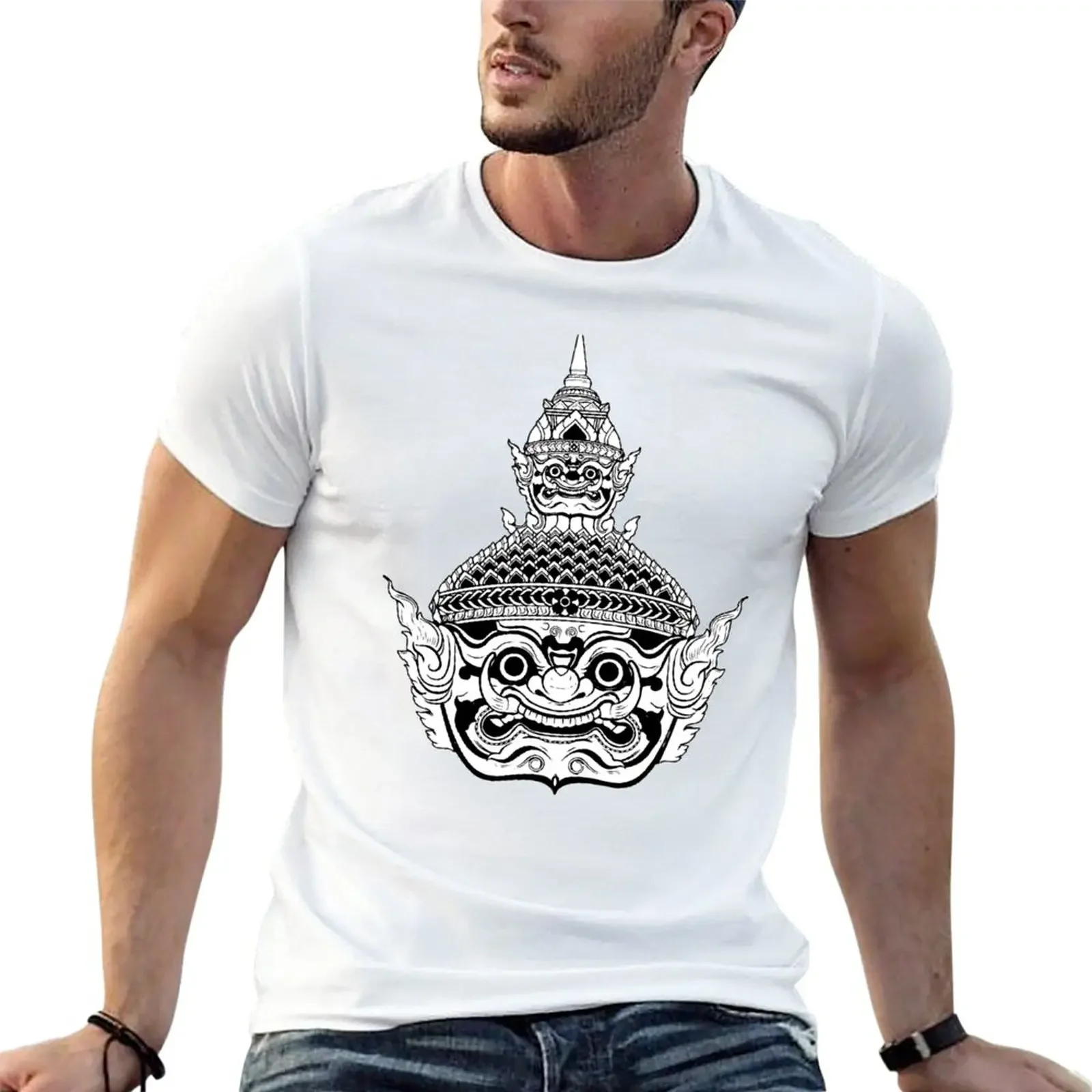 New Khon Thai Ramayana Giant mask T-Shirt black t shirt animal print  for boys  t-s  men