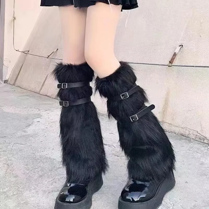Furry Leg Warmers Women Sweet Lolita Leather-Buckle Plush Leg Covers Y2k Hottie Subculture JK Long Socks Punk Gothic Foot Covers image 6