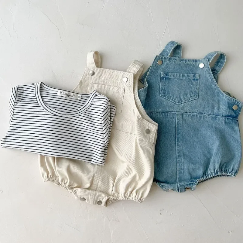 2024 Korean Summer Baby Girls Denim Suspender Rompers Solid Camisole Overalls Clothing for Newborn Boys Cowboy Pocket Bodysuit