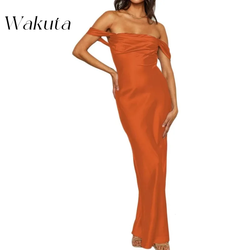 Wakuta Sexy Sheath One Shoulder Light Luxury Simulation Silk Cocktail Robe Pure Color Slim Engagement Bridesmaid Group Hip Dress