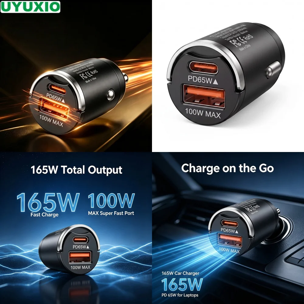 165W Two Port Car Charger Dual Output 65W USB C 100W USB A Charging Heat Resistant Zinc Alloy Body for Cars Trucks SUVs and Vans
