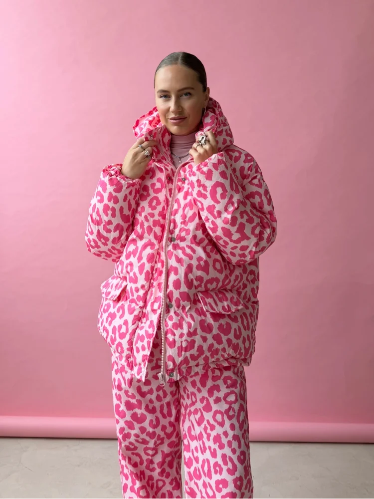 Pink Leopard Print Thick Stand Collar 2 Piece Set Short Puffer Jacket Wide Leg Padded Pants Women Winter Warm Sweet Fashion
